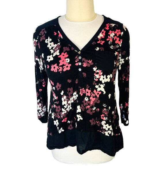 Anne Klein Womens XL Tunic Floral Print 3/4 Rolltab Sleeve Henley Neck - Picture 2 of 11